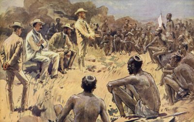 マタベレ族の首長と協議会にあるセシル・ローズ 作： William Rainey